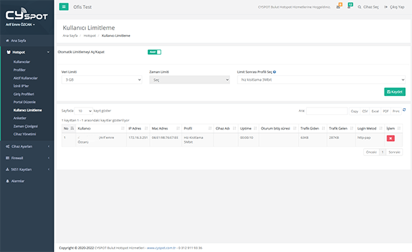 Hotspot Kullanıcı Limitleme